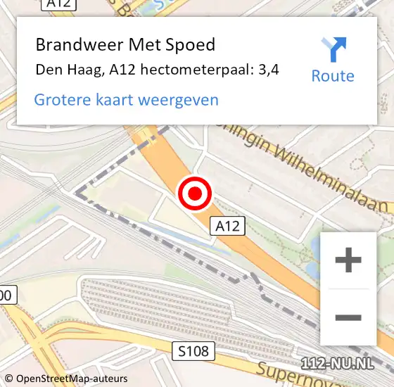 Locatie op kaart van de 112 melding: Brandweer Met Spoed Naar Den Haag, A12 hectometerpaal: 3,4 op 16 november 2024 13:29