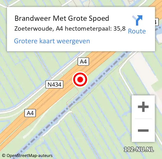 Locatie op kaart van de 112 melding: Brandweer Met Grote Spoed Naar Zoeterwoude, A4 hectometerpaal: 35,8 op 16 november 2024 13:44