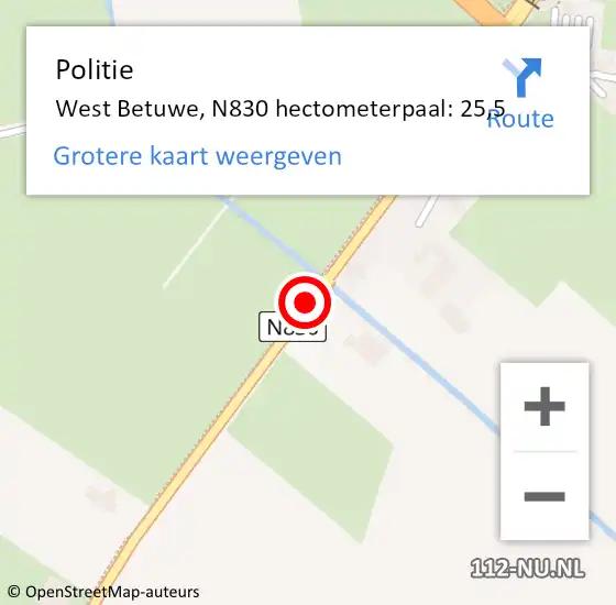 Locatie op kaart van de 112 melding: Politie West Betuwe, N830 hectometerpaal: 25,5 op 16 november 2024 15:31