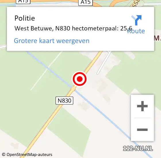 Locatie op kaart van de 112 melding: Politie West Betuwe, N830 hectometerpaal: 25,6 op 16 november 2024 15:31