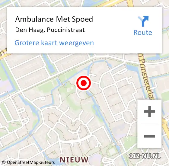 Locatie op kaart van de 112 melding: Ambulance Met Spoed Naar Den Haag, Puccinistraat op 16 november 2024 15:32