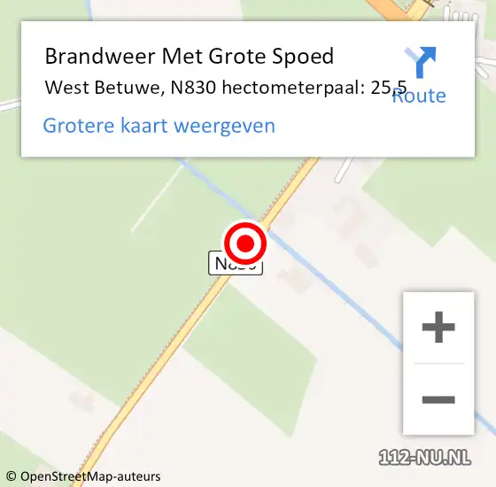 Locatie op kaart van de 112 melding: Brandweer Met Grote Spoed Naar West Betuwe, N830 hectometerpaal: 25,5 op 16 november 2024 15:34