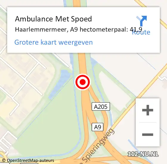 Locatie op kaart van de 112 melding: Ambulance Met Spoed Naar Haarlemmermeer, A9 hectometerpaal: 41,9 op 16 november 2024 15:49