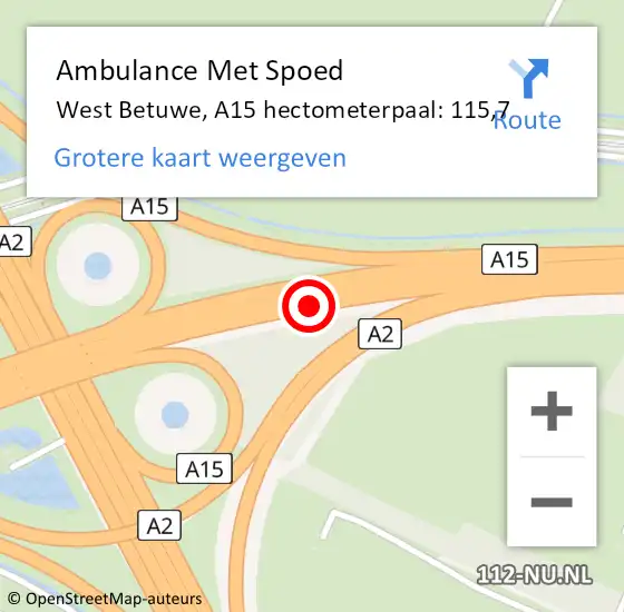 Locatie op kaart van de 112 melding: Ambulance Met Spoed Naar West Betuwe, A15 hectometerpaal: 115,7 op 16 november 2024 16:01