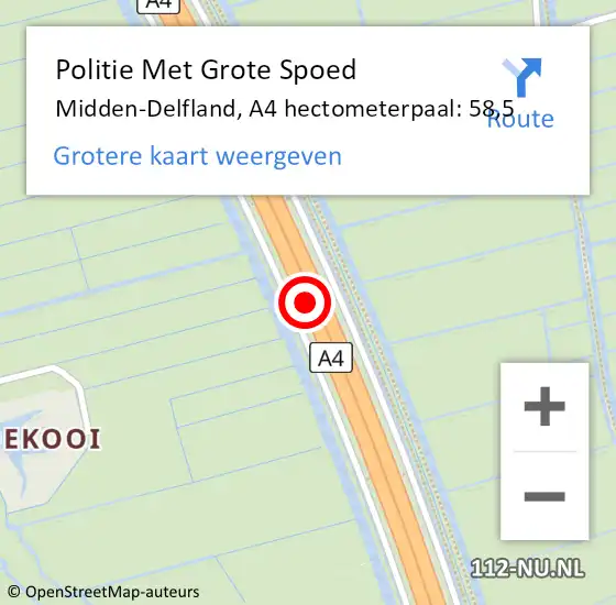 Locatie op kaart van de 112 melding: Politie Met Grote Spoed Naar Midden-Delfland, A4 hectometerpaal: 58,5 op 16 november 2024 18:00