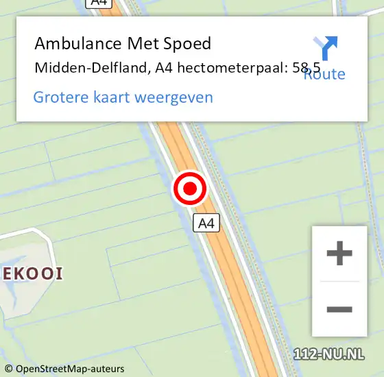 Locatie op kaart van de 112 melding: Ambulance Met Spoed Naar Midden-Delfland, A4 hectometerpaal: 58,5 op 16 november 2024 18:05