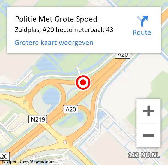 Locatie op kaart van de 112 melding: Politie Met Grote Spoed Naar Zuidplas, A20 hectometerpaal: 43 op 16 november 2024 18:19