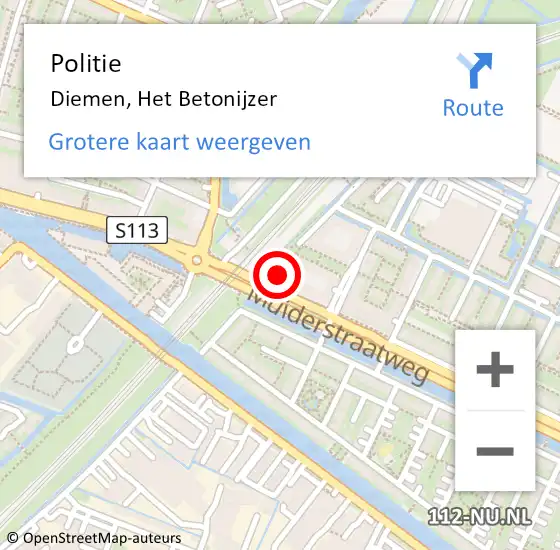 Locatie op kaart van de 112 melding: Politie Diemen, Het Betonijzer op 16 november 2024 19:01