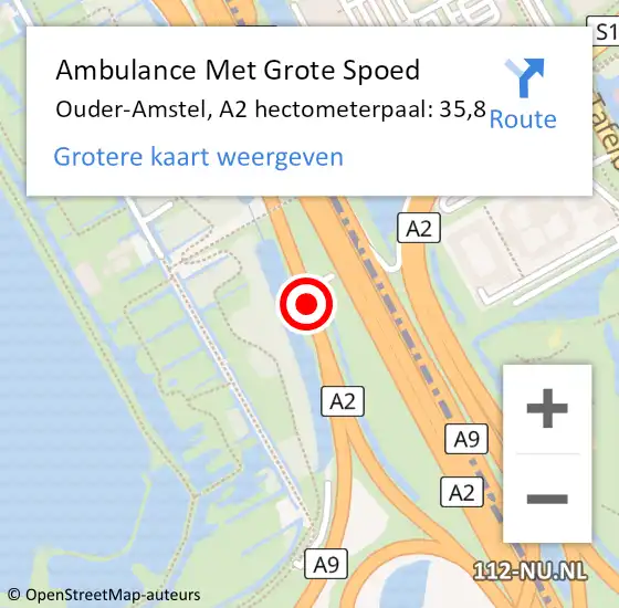 Locatie op kaart van de 112 melding: Ambulance Met Grote Spoed Naar Ouder-Amstel, A2 hectometerpaal: 35,8 op 16 november 2024 19:56