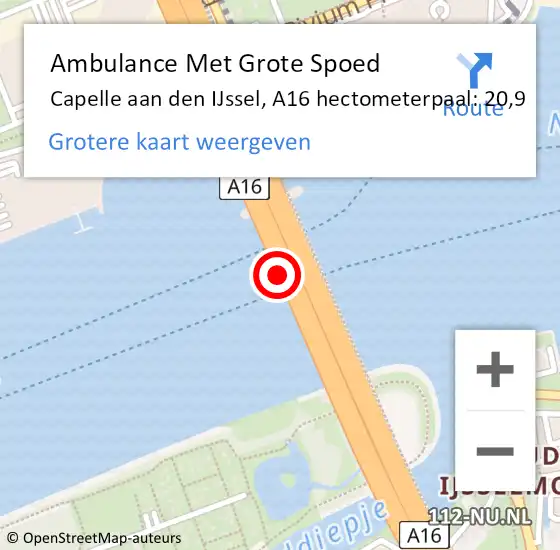 Locatie op kaart van de 112 melding: Ambulance Met Grote Spoed Naar Capelle aan den IJssel, A16 hectometerpaal: 20,9 op 16 november 2024 20:19