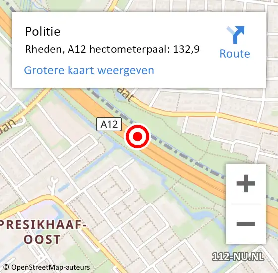 Locatie op kaart van de 112 melding: Politie Rheden, A12 hectometerpaal: 132,9 op 16 november 2024 20:25