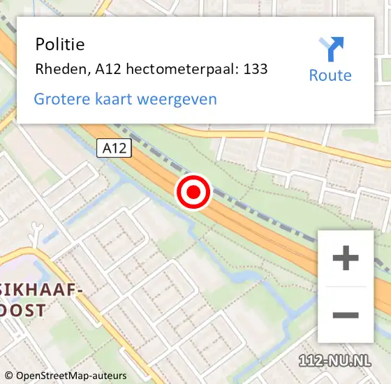 Locatie op kaart van de 112 melding: Politie Rheden, A12 hectometerpaal: 133 op 16 november 2024 20:25