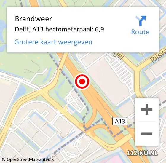 Locatie op kaart van de 112 melding: Brandweer Delft, A13 hectometerpaal: 6,9 op 16 november 2024 21:32