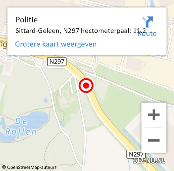 Locatie op kaart van de 112 melding: Politie Sittard-Geleen, N297 hectometerpaal: 11,2 op 16 november 2024 23:01