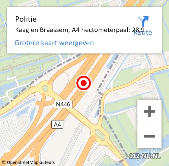 Locatie op kaart van de 112 melding: Politie Kaag en Braassem, A4 hectometerpaal: 28,9 op 16 november 2024 23:26