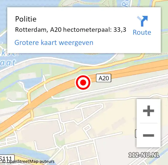 Locatie op kaart van de 112 melding: Politie Rotterdam, A20 hectometerpaal: 33,3 op 16 november 2024 23:27