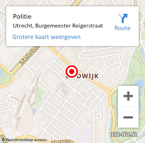 Locatie op kaart van de 112 melding: Politie Utrecht, Burgemeester Reigerstraat op 17 november 2024 00:00