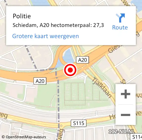 Locatie op kaart van de 112 melding: Politie Schiedam, A20 hectometerpaal: 27,3 op 17 november 2024 02:37