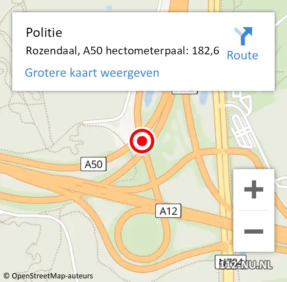 Locatie op kaart van de 112 melding: Politie Rozendaal, A50 hectometerpaal: 182,6 op 17 november 2024 03:40