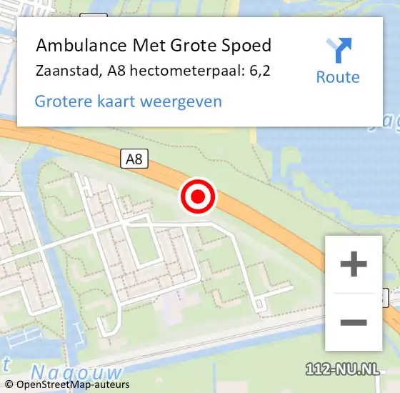 Locatie op kaart van de 112 melding: Ambulance Met Grote Spoed Naar Zaanstad, A8 hectometerpaal: 6,2 op 17 november 2024 04:33