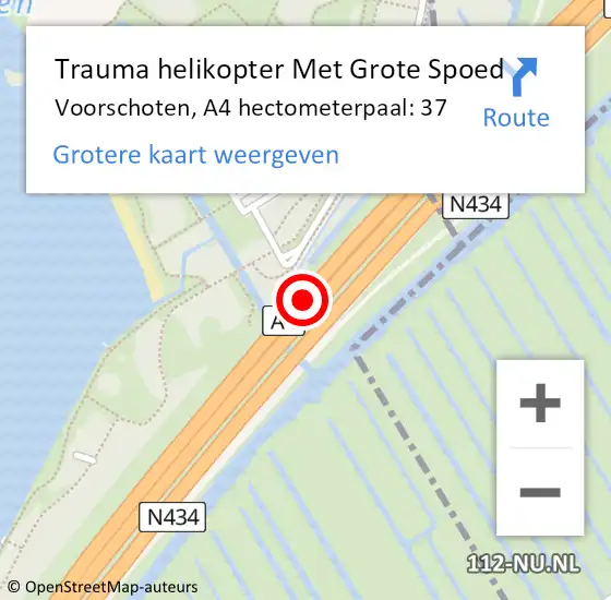 Locatie op kaart van de 112 melding: Trauma helikopter Met Grote Spoed Naar Voorschoten, A4 hectometerpaal: 37 op 17 november 2024 05:27