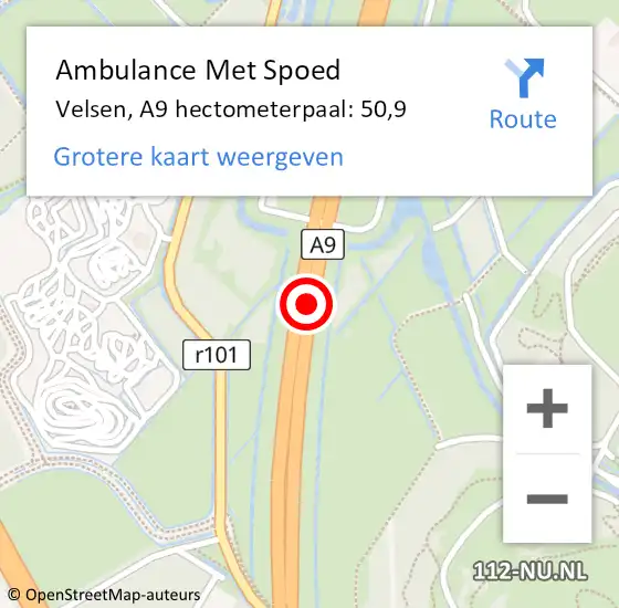 Locatie op kaart van de 112 melding: Ambulance Met Spoed Naar Velsen, A9 hectometerpaal: 50,9 op 17 november 2024 05:57