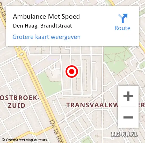 Locatie op kaart van de 112 melding: Ambulance Met Spoed Naar Den Haag, Brandtstraat op 17 november 2024 10:24