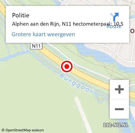 Locatie op kaart van de 112 melding: Politie Alphen aan den Rijn, N11 hectometerpaal: 10,5 op 17 november 2024 11:52