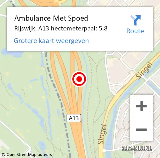 Locatie op kaart van de 112 melding: Ambulance Met Spoed Naar Rijswijk, A13 hectometerpaal: 5,8 op 17 november 2024 12:01