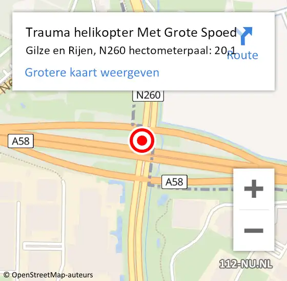 Locatie op kaart van de 112 melding: Trauma helikopter Met Grote Spoed Naar Gilze en Rijen, N260 hectometerpaal: 20,1 op 17 november 2024 14:27