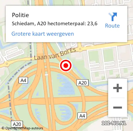 Locatie op kaart van de 112 melding: Politie Schiedam, A20 hectometerpaal: 23,6 op 17 november 2024 14:35