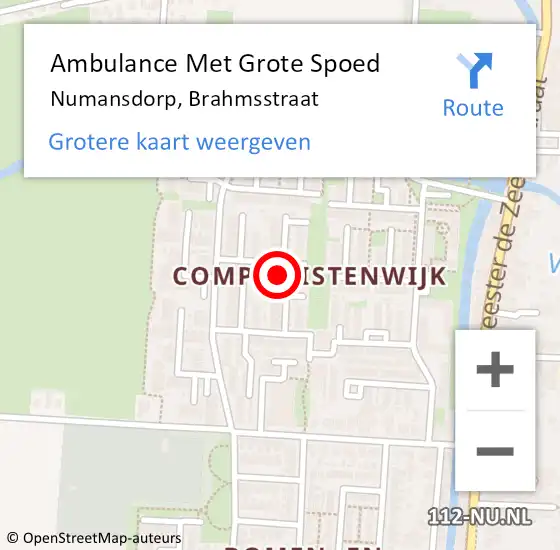 Locatie op kaart van de 112 melding: Ambulance Met Grote Spoed Naar Numansdorp, Brahmsstraat op 17 november 2024 15:38