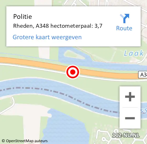 Locatie op kaart van de 112 melding: Politie Rheden, A348 hectometerpaal: 3,7 op 17 november 2024 15:45