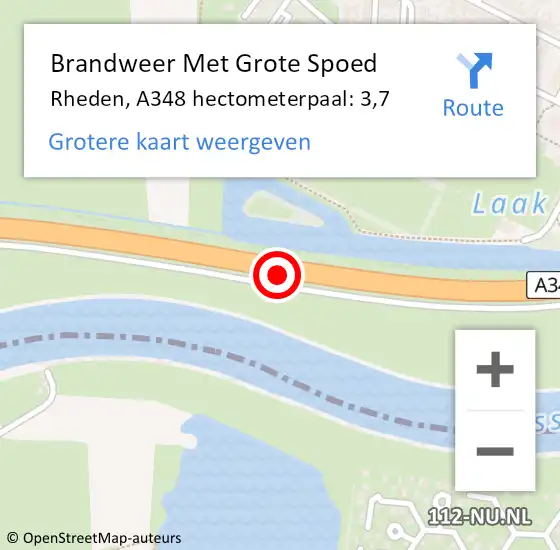 Locatie op kaart van de 112 melding: Brandweer Met Grote Spoed Naar Rheden, A348 hectometerpaal: 3,7 op 17 november 2024 15:46