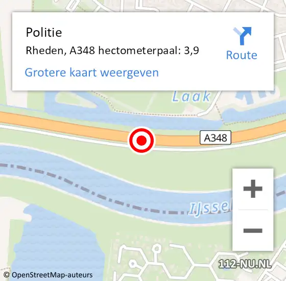 Locatie op kaart van de 112 melding: Politie Rheden, A348 hectometerpaal: 3,9 op 17 november 2024 15:46