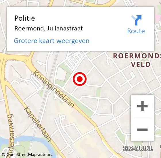 Locatie op kaart van de 112 melding: Politie Roermond, Julianastraat op 17 november 2024 15:50