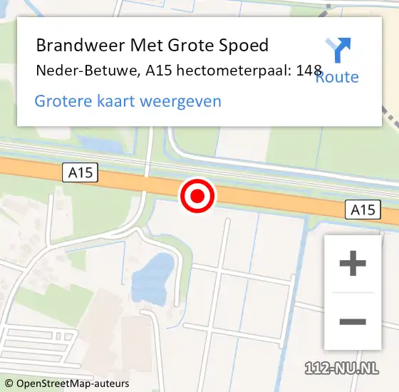 Locatie op kaart van de 112 melding: Brandweer Met Grote Spoed Naar Neder-Betuwe, A15 hectometerpaal: 148 op 17 november 2024 23:14