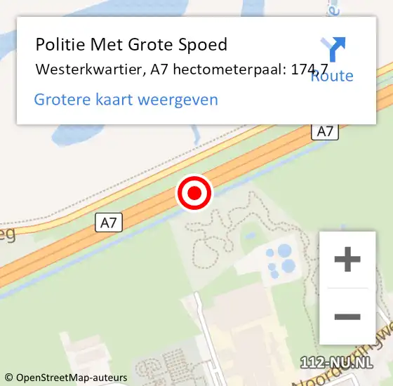 Locatie op kaart van de 112 melding: Politie Met Grote Spoed Naar Westerkwartier, A7 hectometerpaal: 174,7 op 17 november 2024 23:42