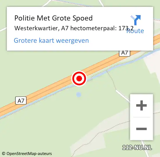 Locatie op kaart van de 112 melding: Politie Met Grote Spoed Naar Westerkwartier, A7 hectometerpaal: 173,2 op 17 november 2024 23:45