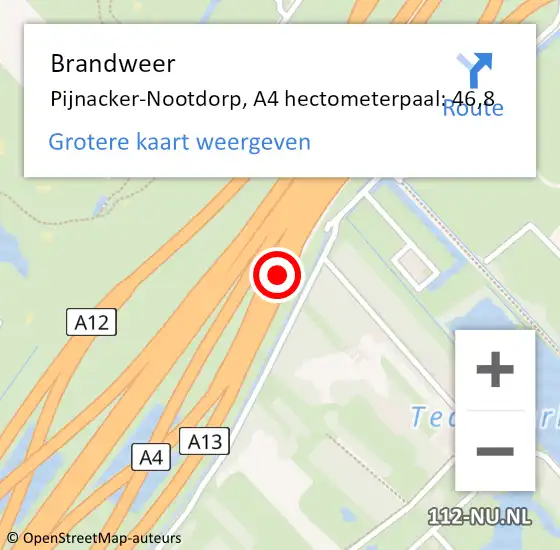 Locatie op kaart van de 112 melding: Brandweer Pijnacker-Nootdorp, A4 hectometerpaal: 46,8 op 18 november 2024 00:56