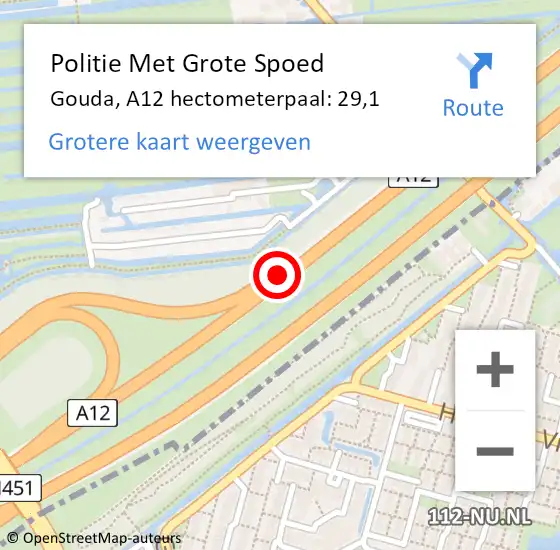 Locatie op kaart van de 112 melding: Politie Met Grote Spoed Naar Gouda, A12 hectometerpaal: 29,1 op 18 november 2024 04:37