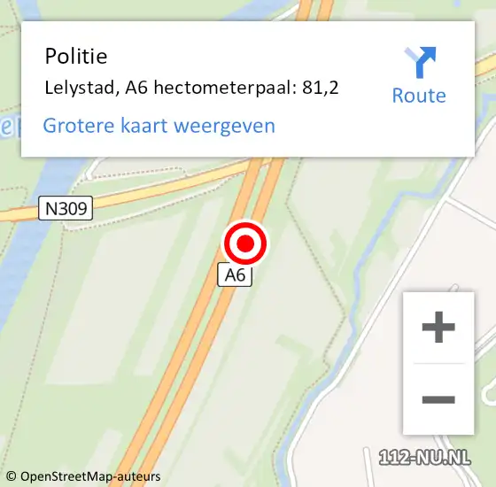 Locatie op kaart van de 112 melding: Politie Lelystad, A6 hectometerpaal: 81,2 op 18 november 2024 05:28