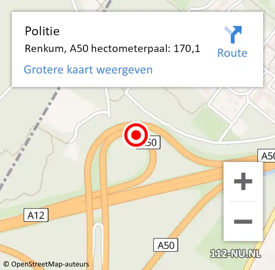 Locatie op kaart van de 112 melding: Politie Renkum, A50 hectometerpaal: 170,1 op 18 november 2024 05:54