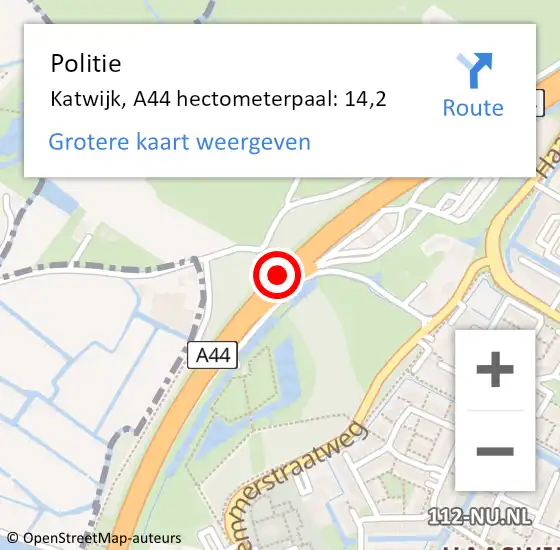 Locatie op kaart van de 112 melding: Politie Katwijk, A44 hectometerpaal: 14,2 op 18 november 2024 06:15