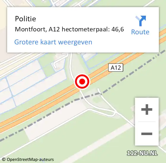 Locatie op kaart van de 112 melding: Politie Montfoort, A12 hectometerpaal: 46,6 op 18 november 2024 06:46