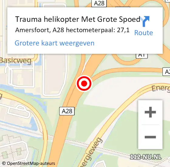 Locatie op kaart van de 112 melding: Trauma helikopter Met Grote Spoed Naar Amersfoort, A28 hectometerpaal: 27,1 op 18 november 2024 07:00