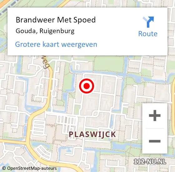 Locatie op kaart van de 112 melding: Brandweer Met Spoed Naar Gouda, Ruigenburg op 18 november 2024 07:17