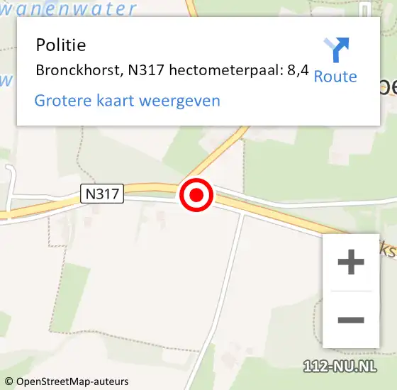 Locatie op kaart van de 112 melding: Politie Bronckhorst, N317 hectometerpaal: 8,4 op 18 november 2024 07:27