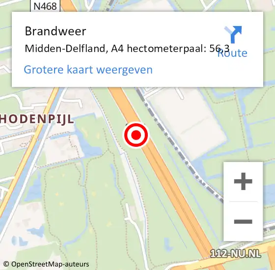 Locatie op kaart van de 112 melding: Brandweer Midden-Delfland, A4 hectometerpaal: 56,3 op 18 november 2024 07:29