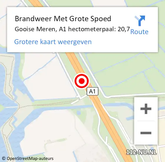 Locatie op kaart van de 112 melding: Brandweer Met Grote Spoed Naar Gooise Meren, A1 hectometerpaal: 20,7 op 18 november 2024 07:41